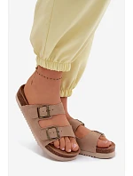 Kožené semišové dámské pantofle s přezkami tmavě béžové model 22125558 - Boto