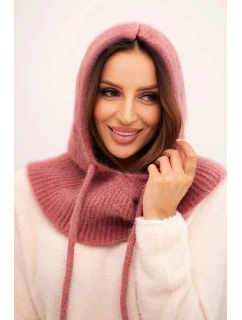 Dámská čepice s kapucí a pleteným vzorem tmavě růžová