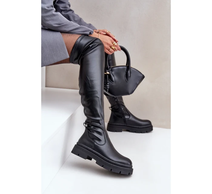 Kozačky nad kolena na plochém podpatku černé Feliri