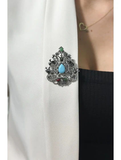 Brož model 18753883 stříbrná + modrá - K-Fashion