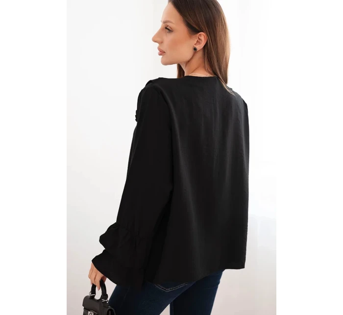 Dámská blůza z viskózy s volány a dlouhým rukávem černá Dámská blůza z viskózy s volány a dlouhým rukávem černá