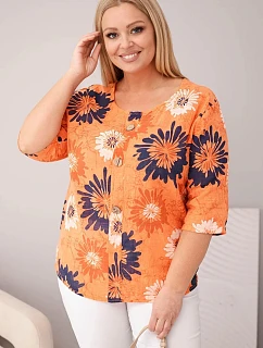 Dámská bavlněná halenka Plus Size s krátkým rukávem a knoflíky oranžová
