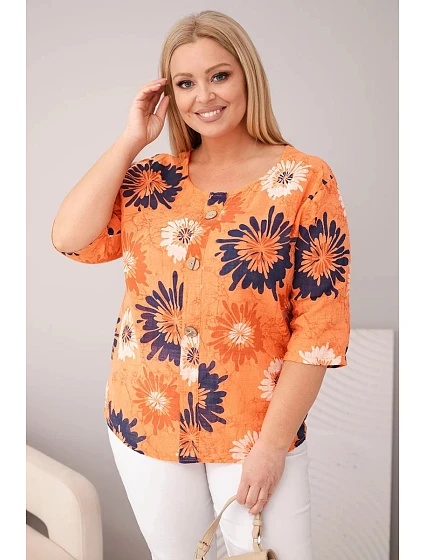 Dámská bavlněná halenka Plus Size s krátkým rukávem a knoflíky oranžová