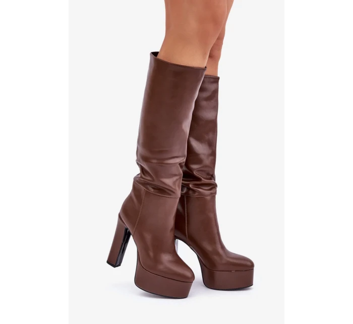 Kozačky na sloupku a platformě z eko kůže hnědé Felilorn