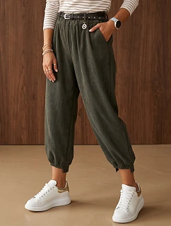Dámské bavlněné manšestrové kalhoty s páskem, khaki, FashionStreet UY3172