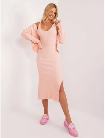 Růžový dámský úpletový komplet šaty a svetr s límečkem model 19664247 - Factory Price