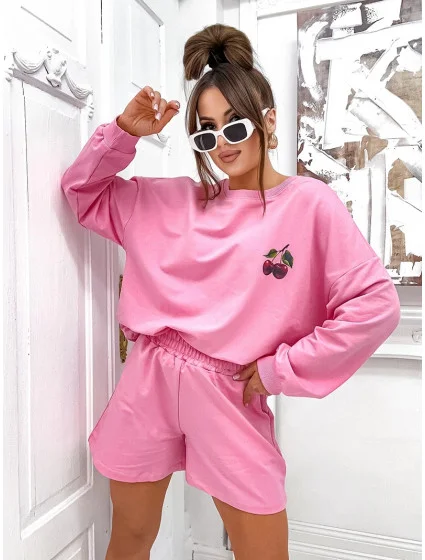 Růžový dámský bavlněný komplet mikina a šortky model 21056407 - Moon Růžový dámský bavlněný komplet mikina a šortky model 21056407 - Moon