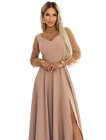 640-4 LORETTA jedinečné dlouhé šaty s tylovými rukávy a výstřihem - béžové 640-4 LORETTA jedinečné dlouhé šaty s tylovými rukávy a výstřihem - béžové