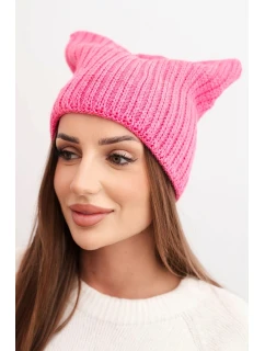 Dámská zimní čepice z vlny s kočičím střihem z pruhované pleteniny K419 růžová