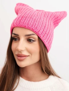Dámská zimní čepice z vlny s kočičím střihem z pruhované pleteniny K419 růžová