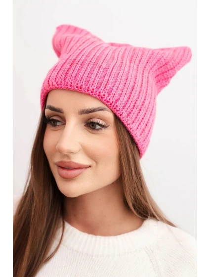 Dámská zimní čepice z vlny s kočičím střihem z pruhované pleteniny K419 růžová