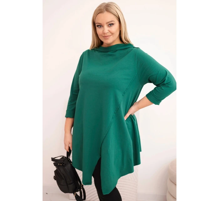 Dámská bavlněná blůza Plus Size asymetrická s ohrnovacím rukávem tmavě zelená