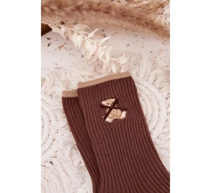 Bavlněné žebrované ponožky s medvídkem – čokoládové
