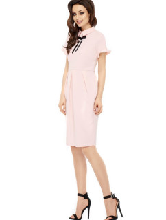 Dámské společenské šaty s límečkem, stužkou a krátkým rukávem dlouhé - Růžová / M - Lemoniade