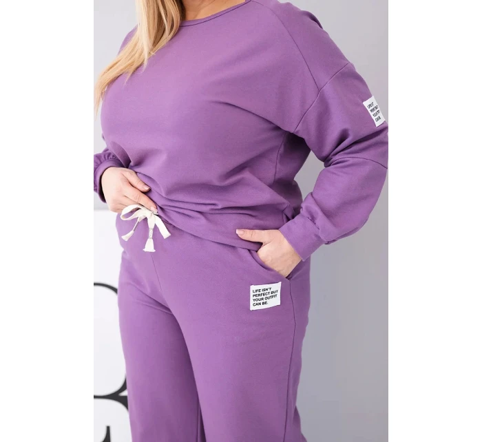 Dámská souprava Plus Size bavlněná s volnou mikinou a širokými kalhotami fialový