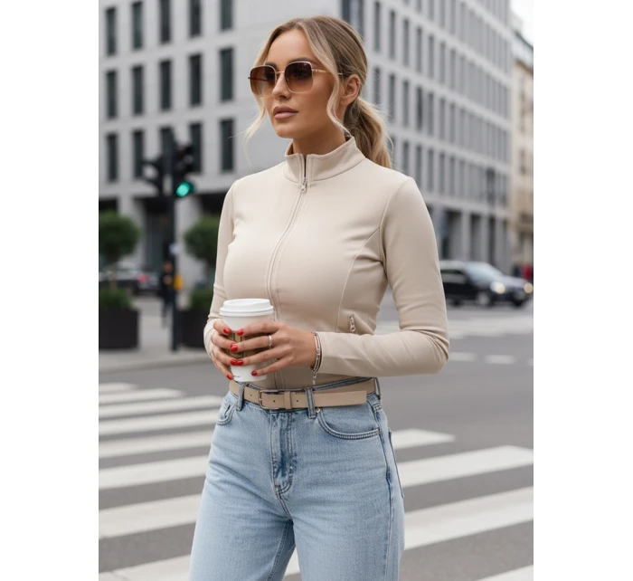 FashionStreet BY1561 dámská mikina na zip se stojáčkem béžová