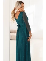 655-2 Dlouhé lehké třpytivé šaty s výstřihem a průhlednými rukávy - smaragdově zelené 655-2 Dlouhé lehké třpytivé šaty s výstřihem a průhlednými rukávy - smaragdově zelené