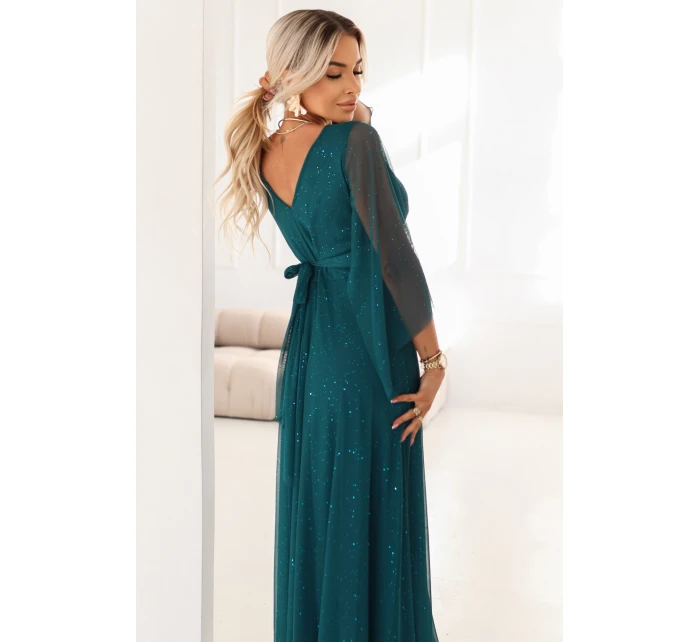 655-2 Dlouhé lehké třpytivé šaty s výstřihem a průhlednými rukávy - smaragdově zelené 655-2 Dlouhé lehké třpytivé šaty s výstřihem a průhlednými rukávy - smaragdově zelené