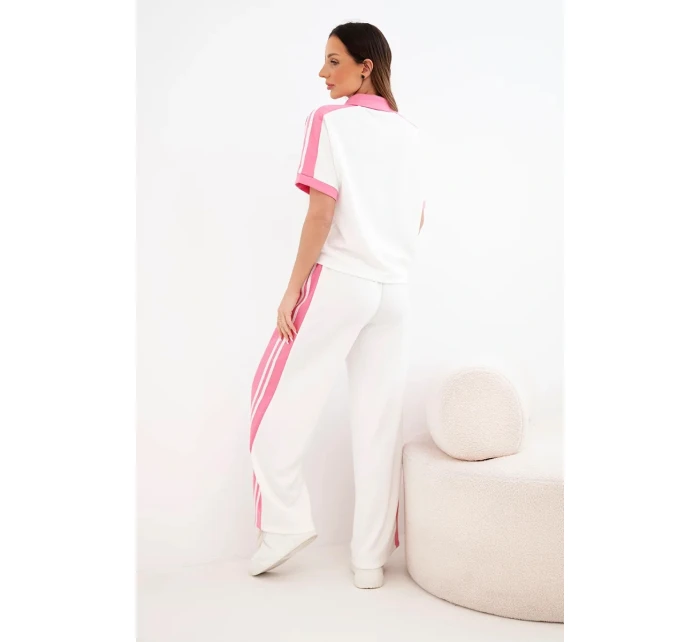 Dámský máslový komplet s polo mikinou a širokými kalhotami růžový