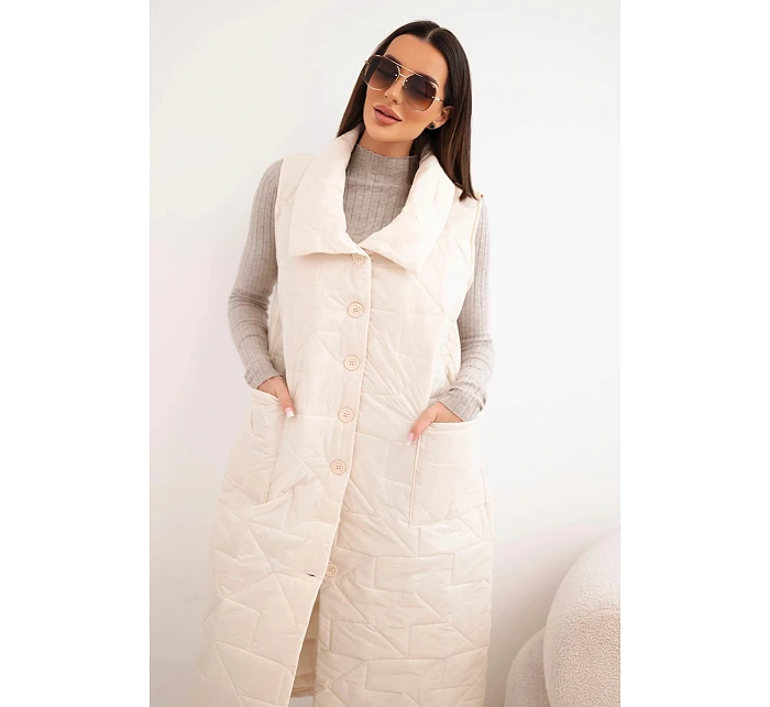 Dámská prošívaná dlouhá vesta s kapsami a stojáčkem světle béžová