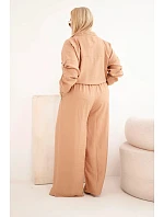Dámská souprava Plus Size s košilí a širokými kalhotami camelová