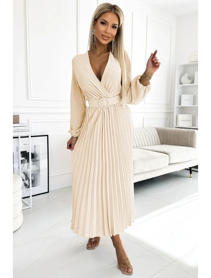 Plisované midi šaty se výstřihem, dlouhými rukávy a širokým páskem  béžová barva model 21819832 - numoco basic