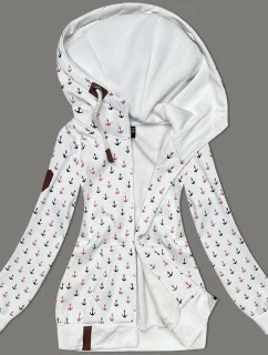 Bílá teplá rozepínací mikina se vzorem kotev (2307)