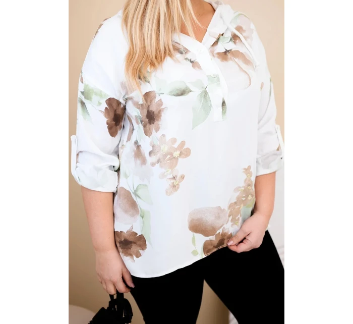 Dámská blůza Plus Size z viskózy s kapucí a květinovým vzorem bílá