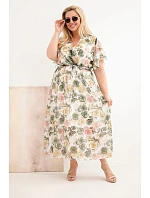 Dámské šaty plus size s květinovým vzorem a zavazováním khaki