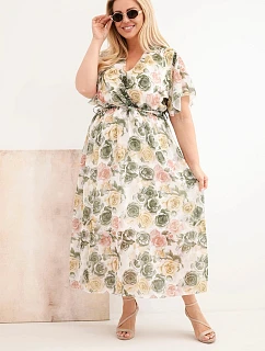 Dámské šaty plus size s květinovým vzorem a zavazováním khaki