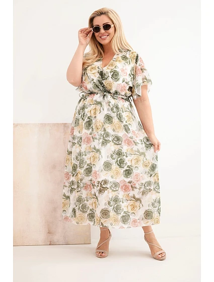 Dámské šaty plus size s květinovým vzorem a zavazováním khaki