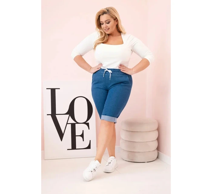Dámské bavlněné šortky Plus Size s vázáním džínovina Dámské bavlněné šortky Plus Size s vázáním džínovina