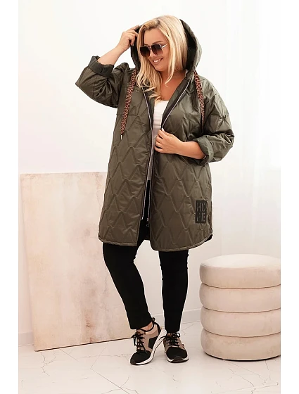 Dámská bunda Plus Size prošívaná s kapucí a nápisem HOPE khaki