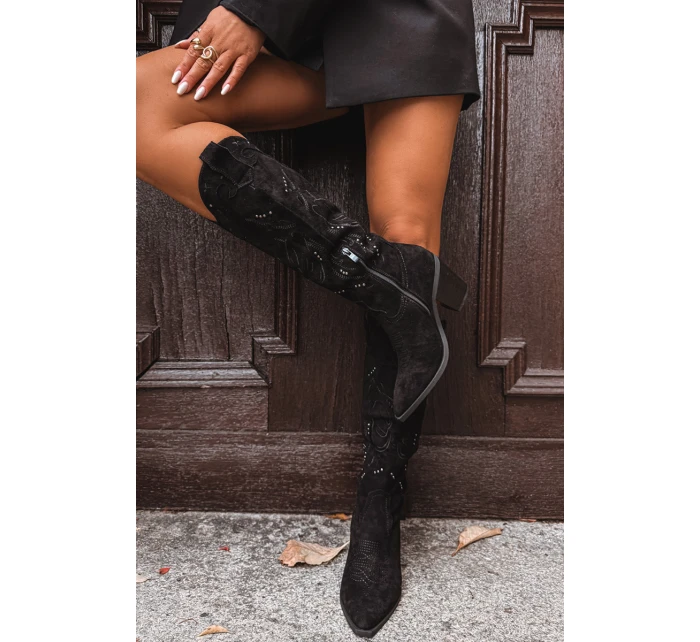 Dámské kozačky s podpatkem z eko semiše Černé model 21714748 - Boto