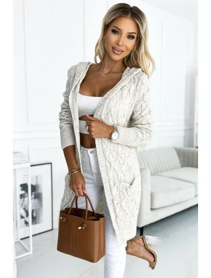 Béžový dámský kardigan přehoz přes oblečení s kapucí, kapsami a copánkovým vzorem model 18838309 - numoco basic