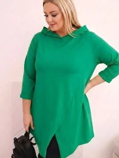 Dámská bavlněná blůza Plus Size asymetrická s ohrnutým rukávem zelená