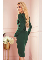 EDITTA - Elegantní dámské šaty v lahvově zelené barvě s výstřihem a nabíranými rukávy 409-2