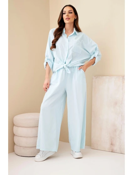 Dámský bavlněný komplet s vázanou košilí a širokými nohavicemi světle mátový
