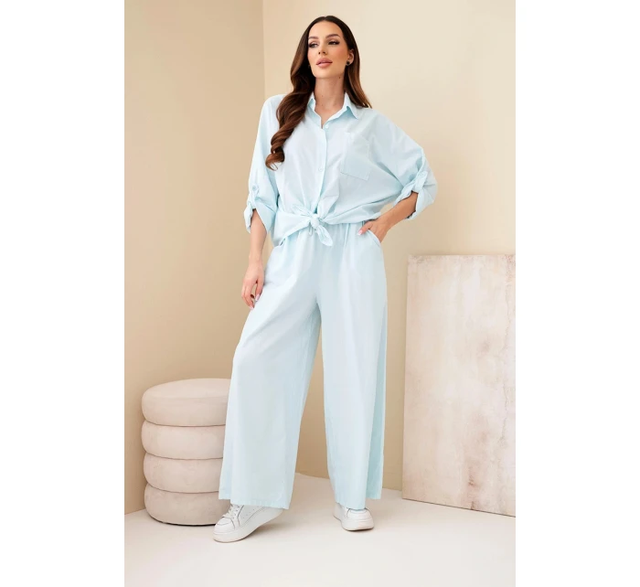 Dámský bavlněný komplet s vázanou košilí a širokými nohavicemi světle mátový