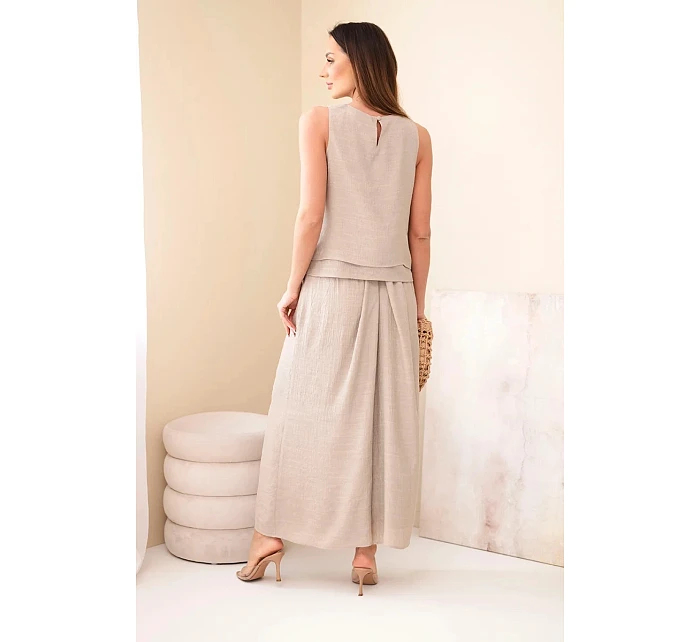 Dámský komplet s viskózou s model 22048795 bez rukávů a kalhotami se širokou nohavicí s ozdobným zakončením fango - K-Fashion