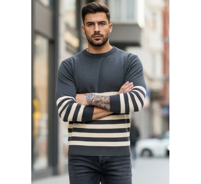 Pánský tmavě šedý pruhovaný svetr FashionStreet WX2133