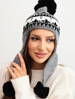 Dámská zimní čepice vlněná s ušima a bambulkami K436 tmavě šedá