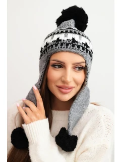 Dámská zimní čepice vlněná s ušima a bambulkami K436 tmavě šedá