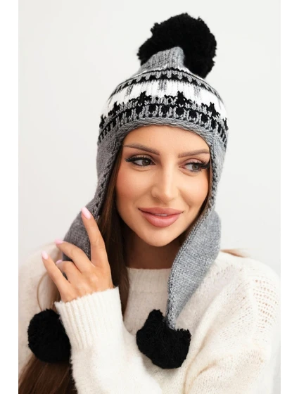 Dámská zimní čepice vlněná s ušima a bambulkami K436 tmavě šedá