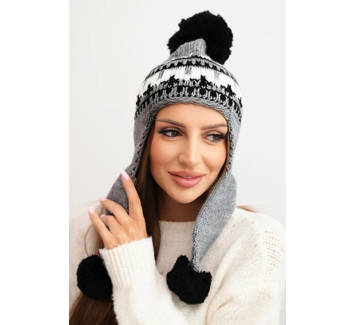Dámská zimní čepice vlněná s ušima a bambulkami K436 tmavě šedá