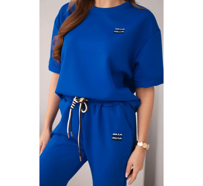 Dámská viskózová souprava s krátkým rukávem a kalhotami s ohrnovací nohavicí chabrový