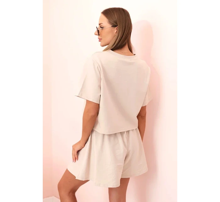 Dámský bavlněný komplet s širokými šortkami béžový