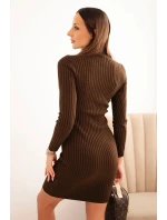 Dámská viskózová pruhovaná šaty s dlouhým rukávem a stojáčkem hnědá