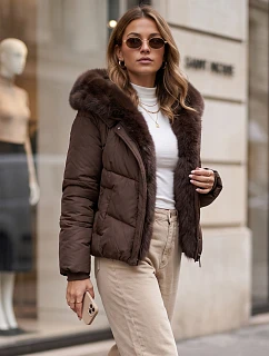 Dámská zimní prošívaná bunda s kožešinou, hnědá, FashionStreet TY5983