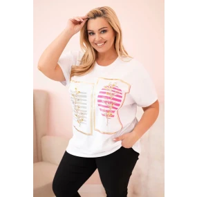 Dámská bavlněná halenka Plus Size s kamínky bílá + růžová Dámská bavlněná halenka Plus Size s kamínky bílá + růžová